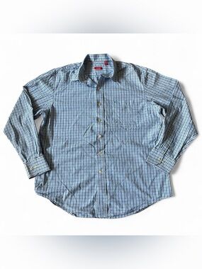 Izod blue and white checkered business casual button up shirt Sz L
